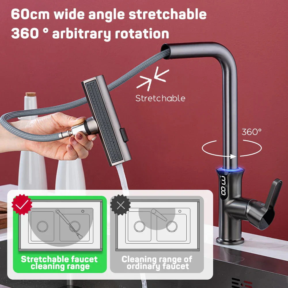 Decorbites™ Digital-Display-Wasserfall-Küchenspüle-Armatur mit herausziehbarem Sprühdüse