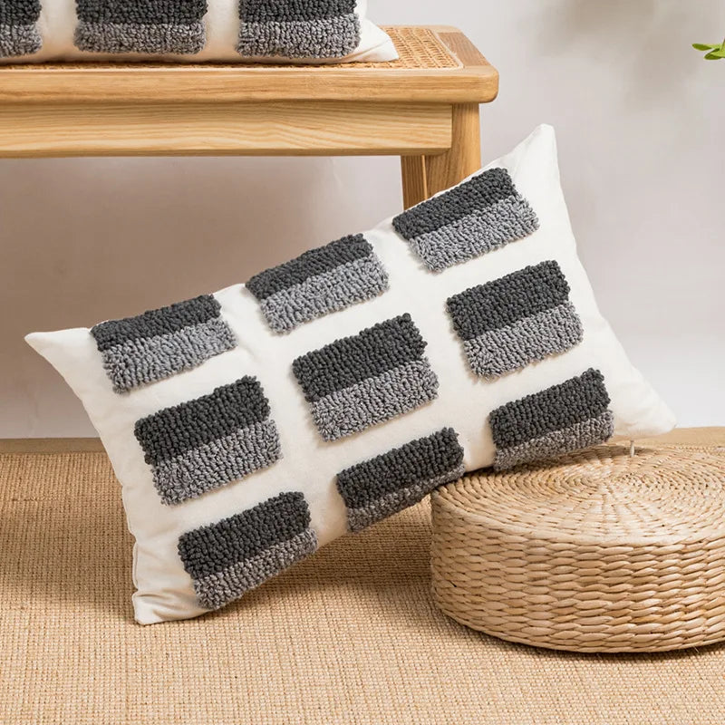 DecorBites™ Geometric Embroidery Boho Loop Tufte Cotton Canvas Cushion Cover 45x45/30x50cm