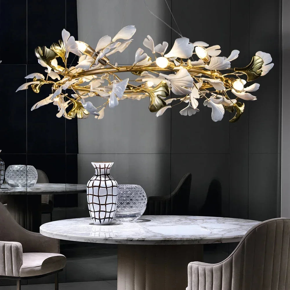 Decorbites™ Blattzweig-Keramik-Kronleuchter | Moderne goldene Leuchte für das Wohnzimmer