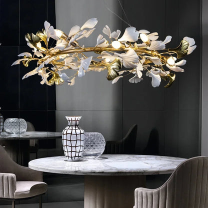Decorbites™ Blattzweig-Keramik-Kronleuchter | Moderne goldene Leuchte für das Wohnzimmer