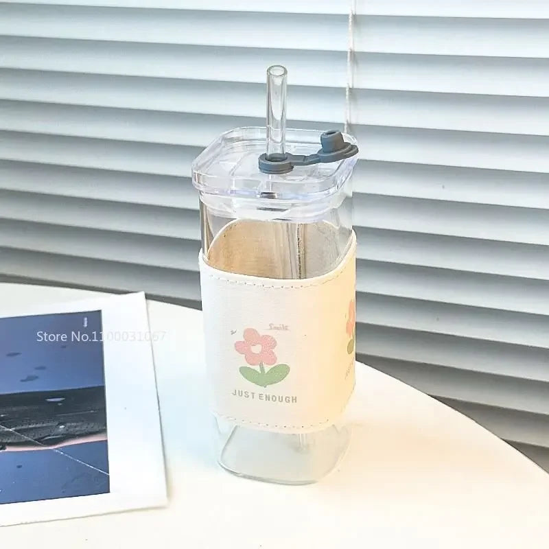 Decorbites™ hitzebeständiger Glasbecher mit Deckel und Trinkhalm für Kaffee, Milch, Tee, Saft