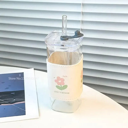 Decorbites™ hitzebeständiger Glasbecher mit Deckel und Trinkhalm für Kaffee, Milch, Tee, Saft