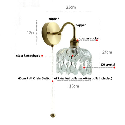 Decorbites™ Kristall Vintage LED Wandlampen mit Zugschalter Luxus Kupfer E14 Treppenlicht