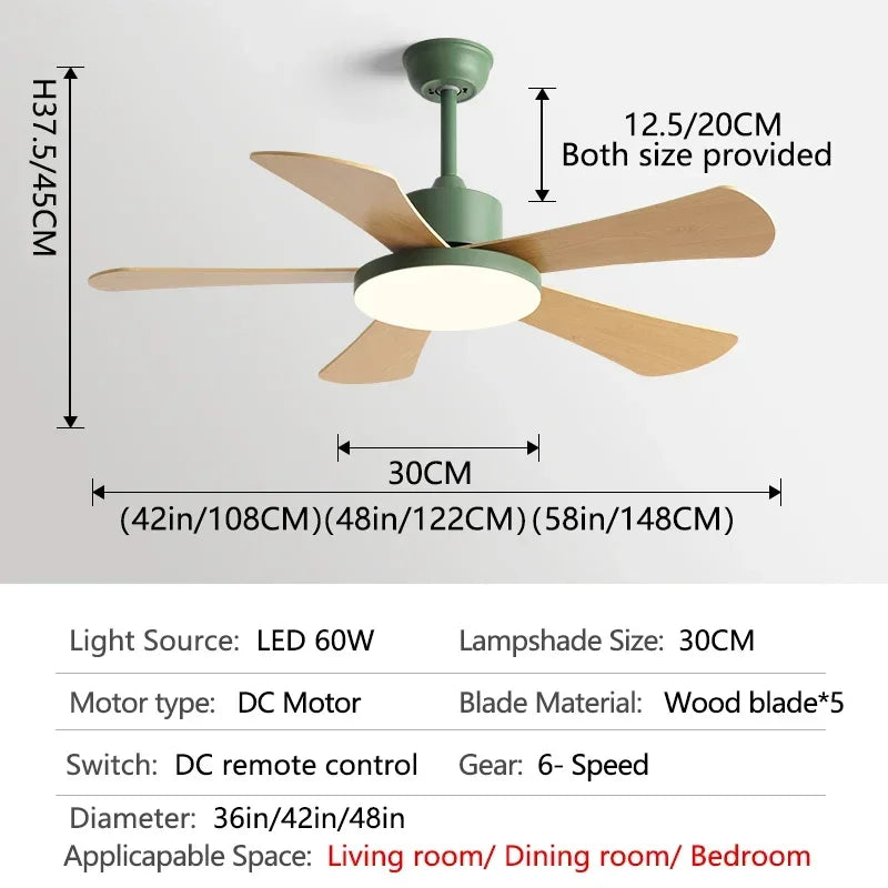 Decorbites™ 48" Schlafzimmer Restaurant Deckenventilator mit 5 Holzflügeln, DC-Motor, LED-Licht, Fernbedienung