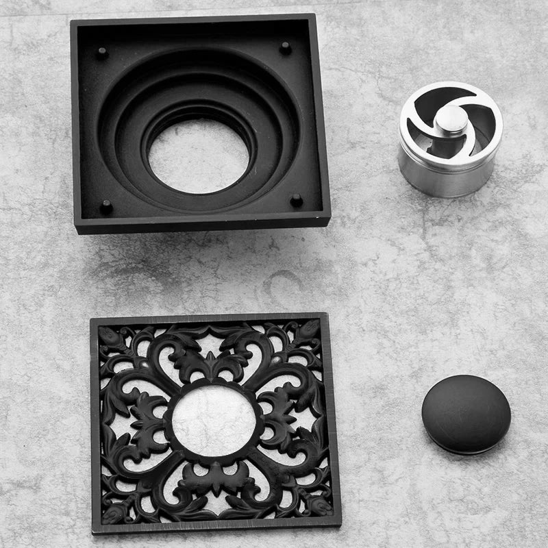 Decorbites™ Schwarze Messing Duschraster Ablauf Abdeckung Boden Quadratisch Kunstvoll Geschnitztes Gitter Becken SY-073R