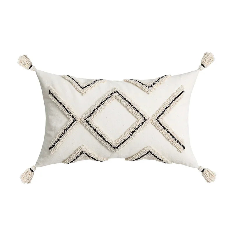 DecorBites™ Geometric Embroidery Tassel Cushion Cover - Grey White Simple Loop Tufted Pillow