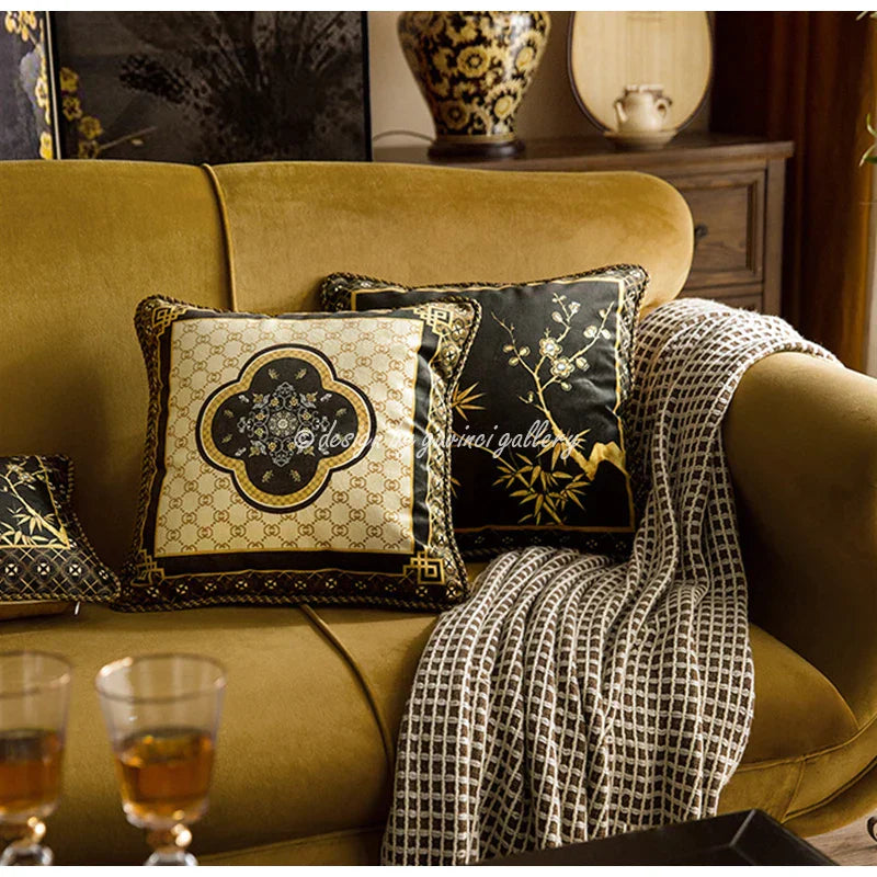 Decorbites™ Bambus Schwarz Gold Lendenkissenbezüge – Orientalischer Chinesischer Stil Luxus 30x50 cm