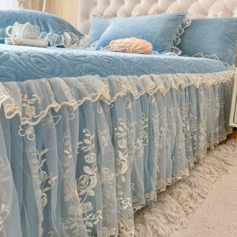 Decorbites™ Spitzen-Prinzessin-Bettwäsche-Set mit Samt-Bettrock & Steppdeckenbezug