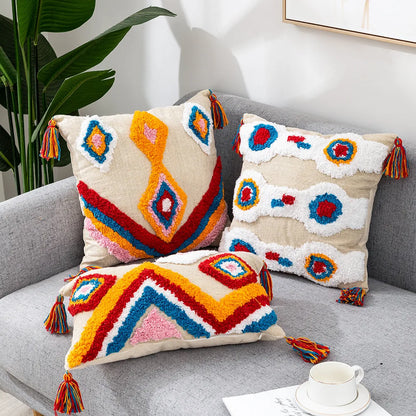 DecorBites™ Geometric Hand-Embroidered Tassel Pillowcase