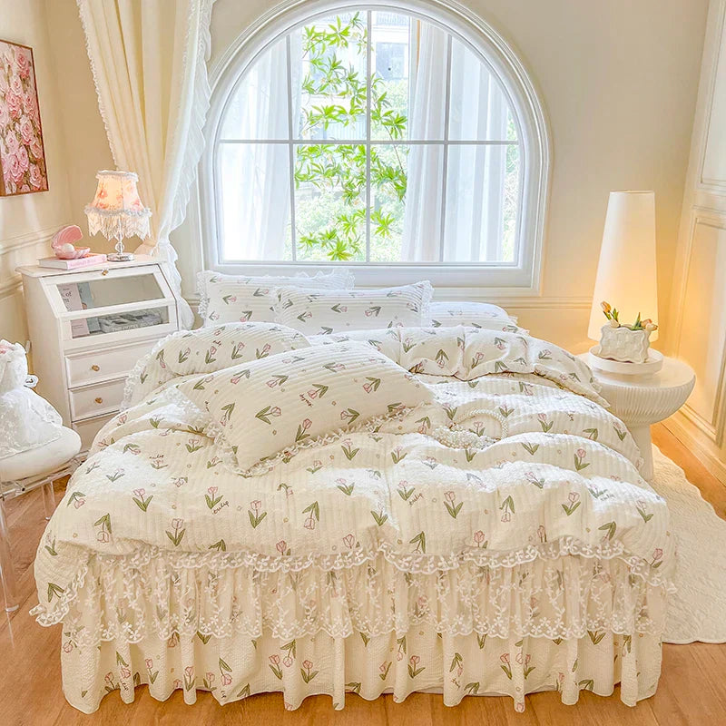 Decorbites™ Französische Spitzen-Volants-Seersucker-Bettset: 4-Tlg. Prinzessinnen-Bettwäsche Quiltbezug