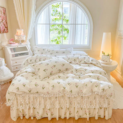 Decorbites™ Französische Spitzen-Volants-Seersucker-Bettset: 4-Tlg. Prinzessinnen-Bettwäsche Quiltbezug
