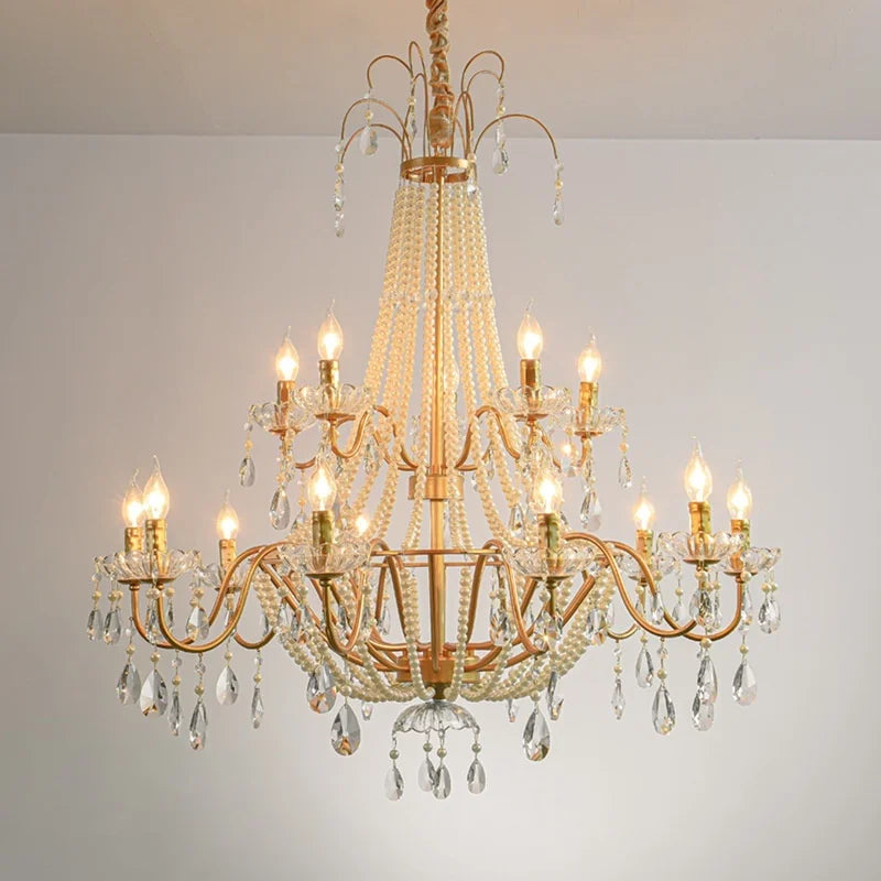 Gold Crystal Pearl Chandelier Iron D98cm