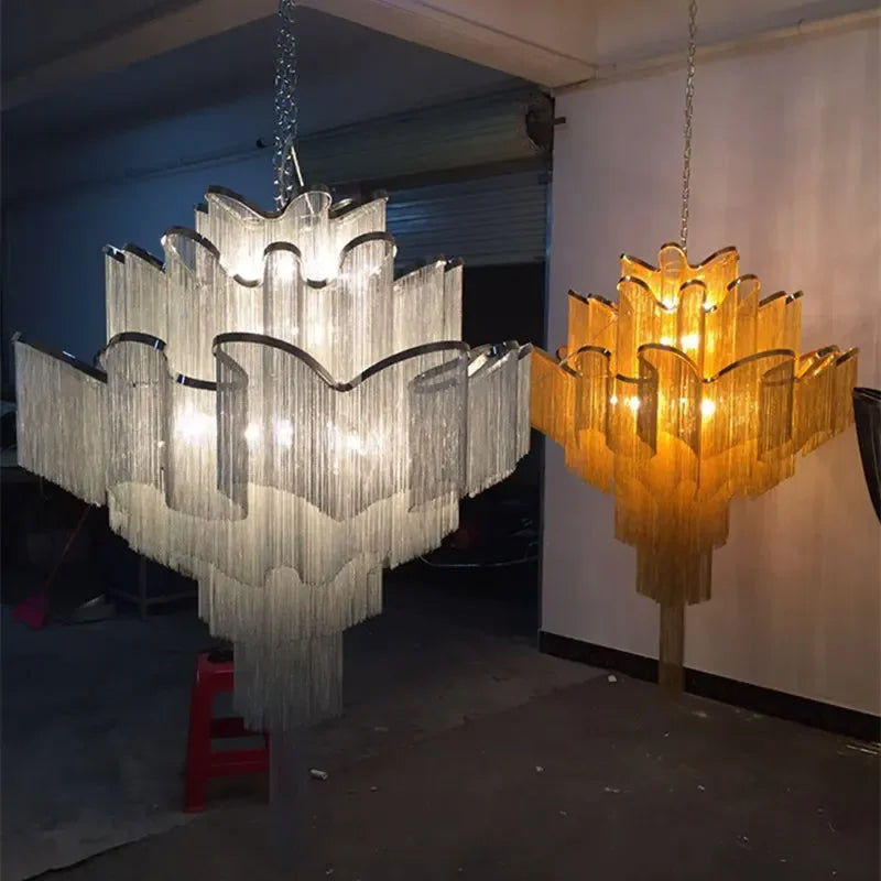 Decorbites™ Fransen-Kronleuchter: Silber- und Gold-Aluminium-Ketten-Hängeleuchte für luxuriöse Einrichtung von Zuhause und Hotel