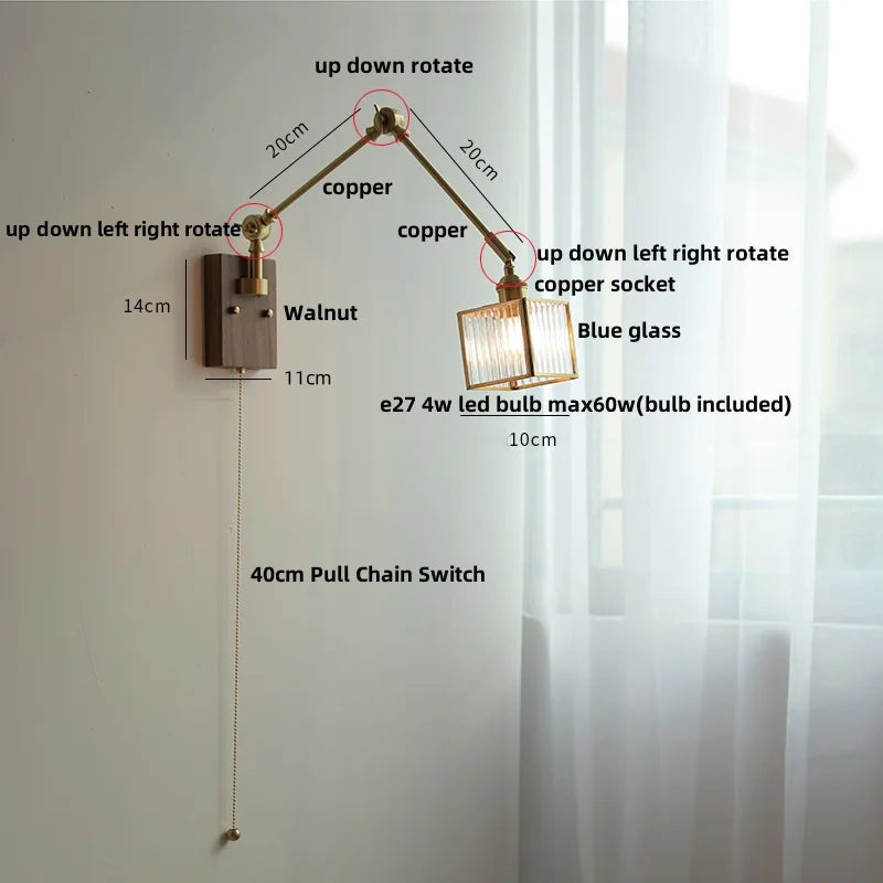 Decorbites™ LED-Wandlampe drehbar Glas Walnuss Schwingarme Flur Treppenlicht