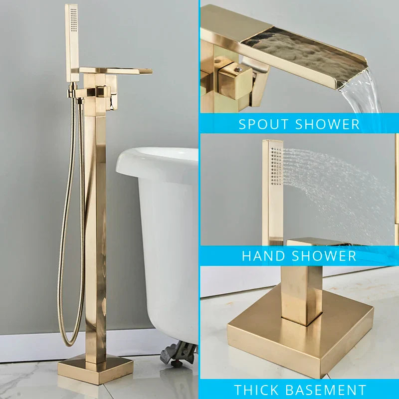 Decorbites™ Gold Badewannenarmatur-Set Heißes und Kaltes Wasser Duschmischer Hahn Wasserfall Bodenständer