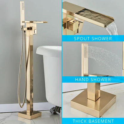 Decorbites™ Gold Badewannenarmatur-Set Heißes und Kaltes Wasser Duschmischer Hahn Wasserfall Bodenständer