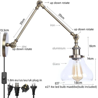 DecorBites™ Industrial Adjustable LED Wall Sconce with Clear Glass Shade