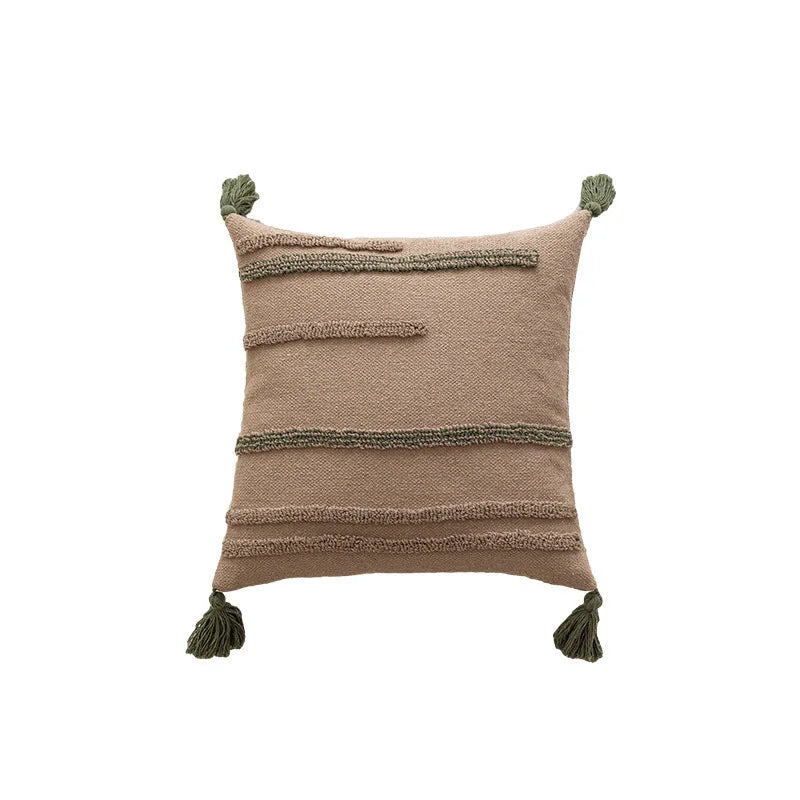 Decorbites™ Grüner Kaffee Geometrisches Tuft-Fransen Kissenbezug - Modern Minimalistischer Bestickter Bezug