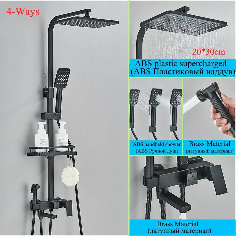 Decorbites™ Schwarze Messing-Duscharmatur-Set mit drehbarem Badewannen-Auslauf und Regendusche-Säule