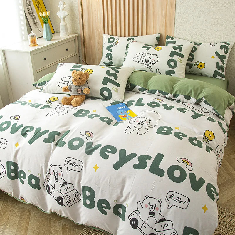 Decorbites™ Süßes Katzenbären-Druck-Bettwäsche-Set – Einzelbett Queen, modisches Design für Jungen und Mädchen