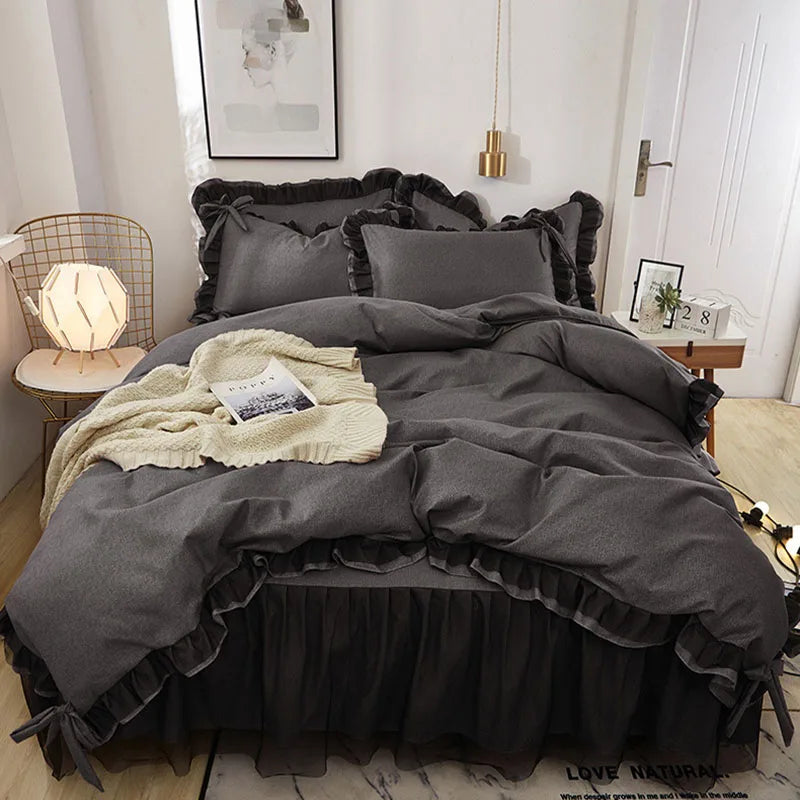 Decorbites™ Korean Bettrocken-Set mit Rüschenkanten – Einfarbig, hautfreundliches Bettwäsche-Set