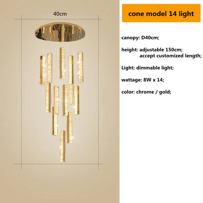 Decorbites™ Gold Chrom Stahl Kristall Anhängerleuchten mit dimmbarer LED für Villen-Treppe