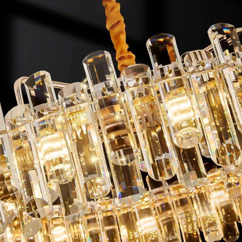 DecorBites™ crystal chandelier pendant light with cascading clear crystal prisms and gold accents for dining room