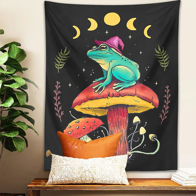 Decorbites™ Frosch auf Pilz Tapisserie Wandbehang: Ästhetisch, Magisch, Zauberer, Cottagecore, Boho, Hippie, Mondphasen