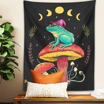 Decorbites™ Frosch auf Pilz Tapisserie Wandbehang: Ästhetisch, Magisch, Zauberer, Cottagecore, Boho, Hippie, Mondphasen