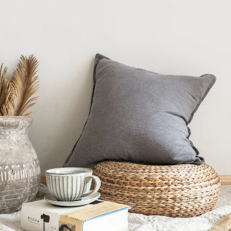 DecorBites™ Linen Pillow Cover 45x45cm Plain Fringed for Home Sofa Bed Decoration