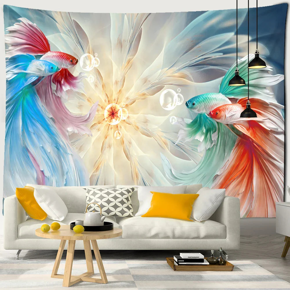 Decorbites™ Tintenlotus-Koi-Gobelin: Boho-Ästhetik Psychedelische Raumkunst Hippie-Dekoration