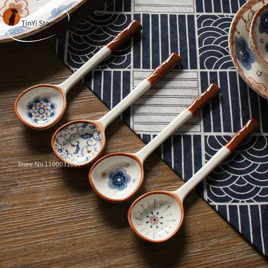 Decorbites™ Japanisches Weinreben-Keramiklöffel-Set - Ins Wind Handbemalte Löffel mit langem Stiel für Desserts