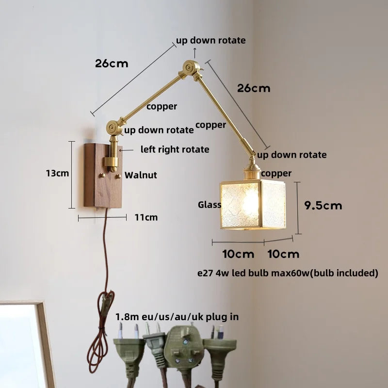 DecorBites™ Cube Glass LED Wall Sconce Walnut Wood 2 Arms Rotatable Mirror Light