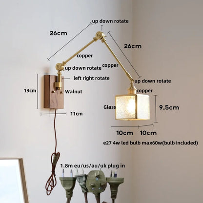 DecorBites™ Cube Glass LED Wall Sconce Walnut Wood 2 Arms Rotatable Mirror Light