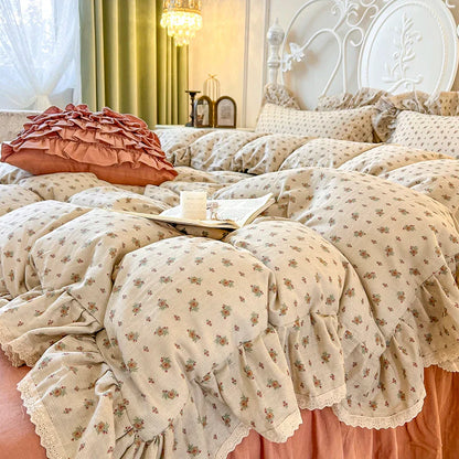 DecorBites™ Double Layer Lace Ruffles Floral Bedding Set with Duvet Cover, Bed Skirt, Pillows