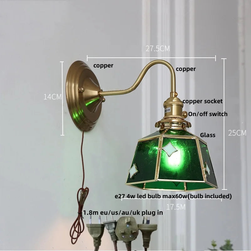 Decorbites™ Grünes Glas LED Wandapplikation mit Kupferknopf-Schalter Vintage-Loft-Treppenlicht