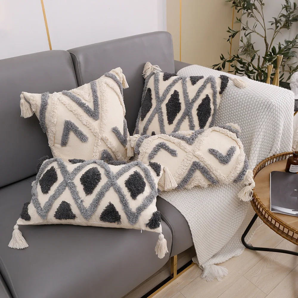 Decorbites™ Graues Geometrisches Tufted Kissenbezug mit Fransen, Deko für Zuhause & Auto Kissenbezug