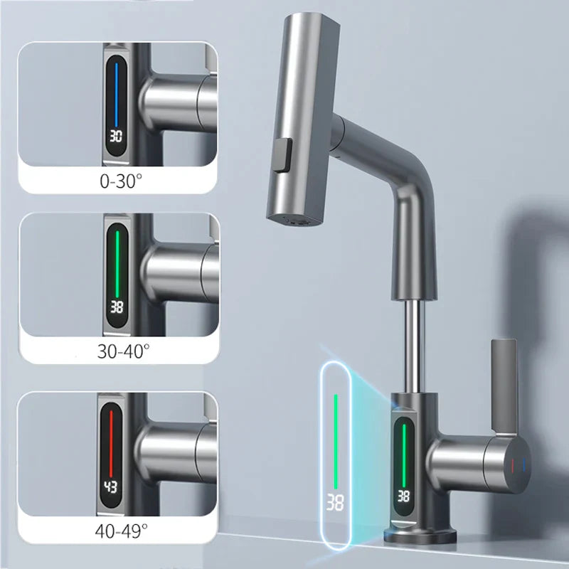 DecorBites™ Digital Display Waterfall Basin Faucet with Temperature Control and Lift Sprayer