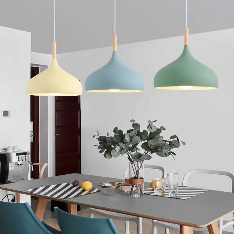 Modern Macaron Aluminum Pendant Light With Wood Accent
