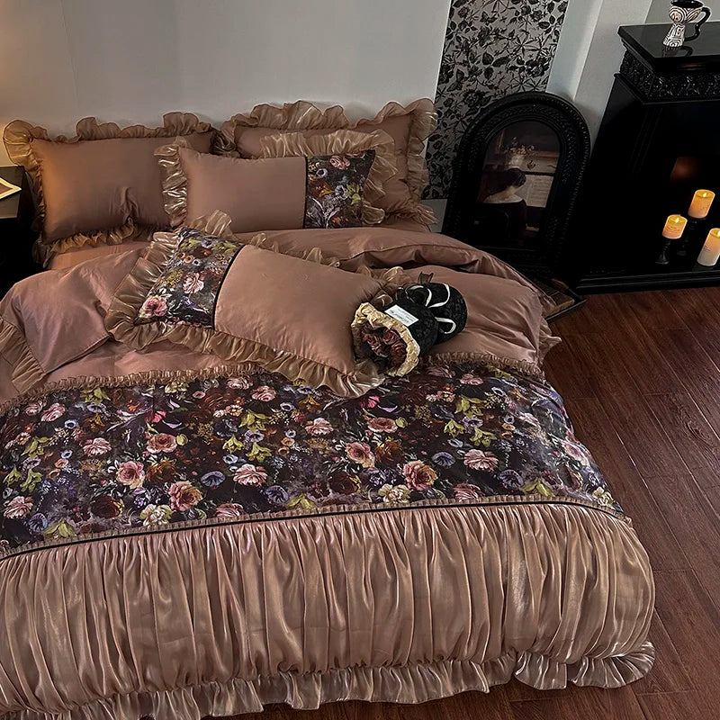 DecorBites™ French Organza Lace Ruffles Bedding Set, Egyptian Cotton Duvet, Sheets & Pillowcases