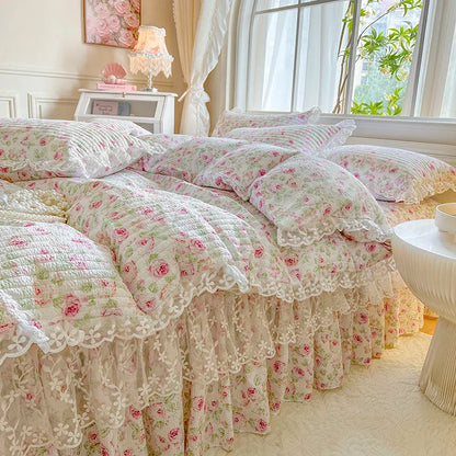 Decorbites™ Französische Spitzen-Volants-Seersucker-Bettset: 4-Tlg. Prinzessinnen-Bettwäsche Quiltbezug