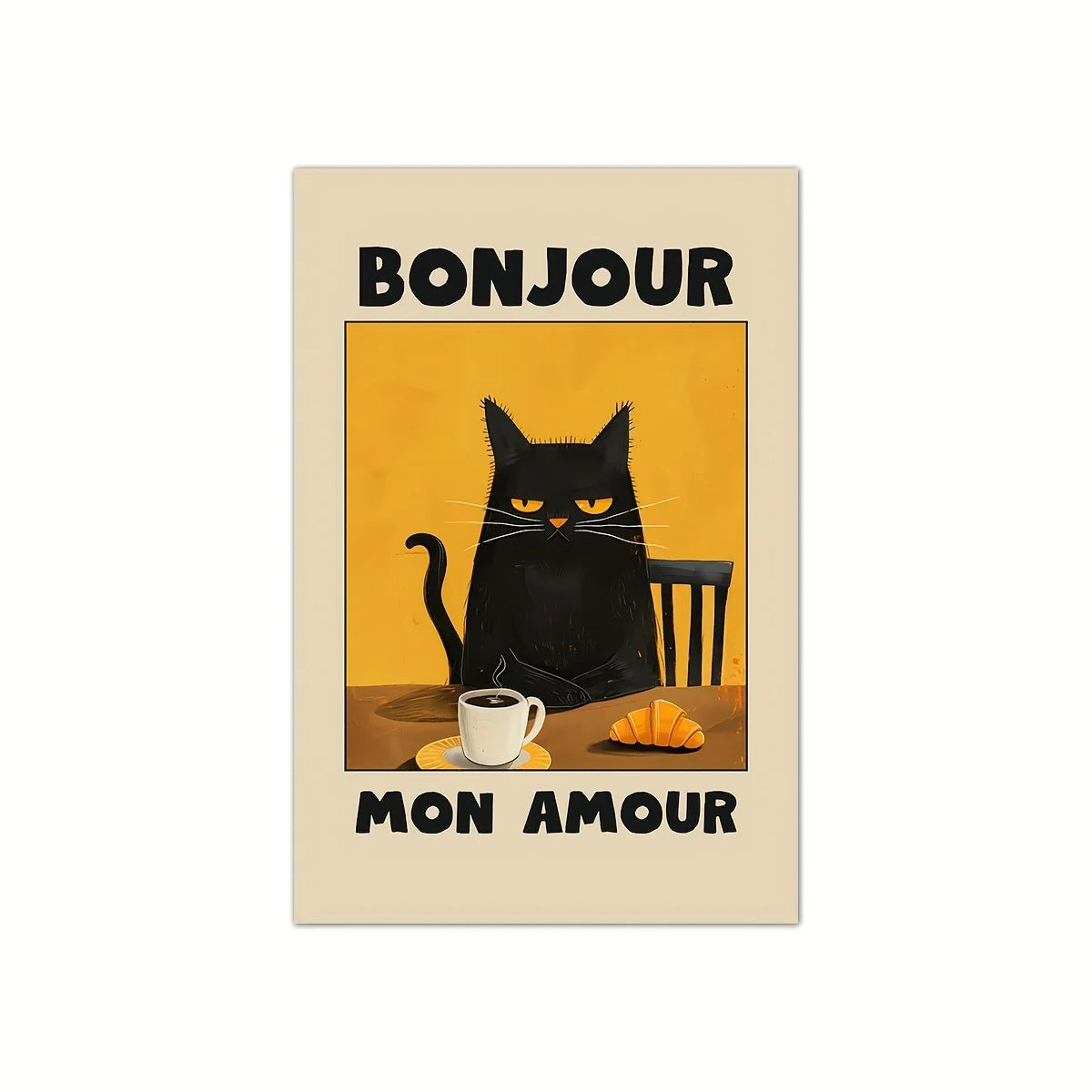 1pc Frameless Black Cat Breakfast Art Poster Retro Style Bonjour Canvas Painting for Dining Room or Bedroom Wall  Art Decoration