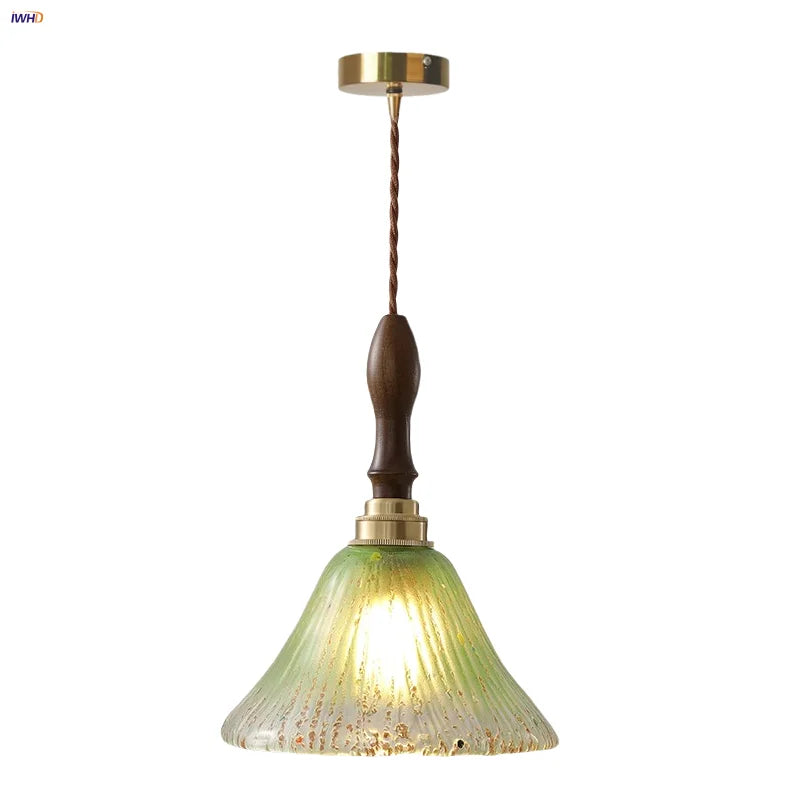 DecorBites™ LED Wood Walnut & Green Glass Pendant Light - Nordic Modern Style