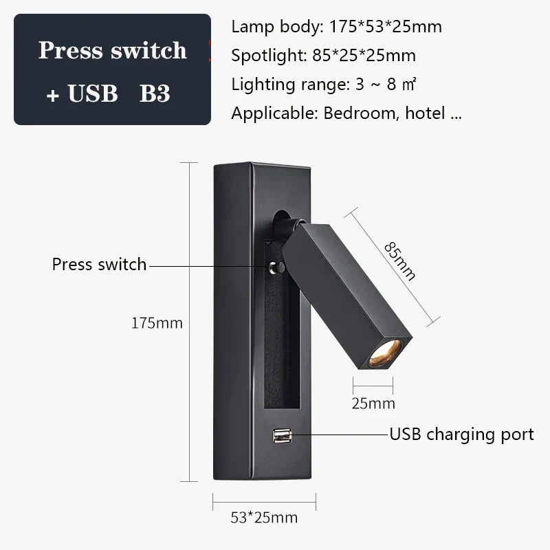 DecorBites™ Black Brass Wall Sconce with USB Port and Switch, 3W Spotlight for Bedroom