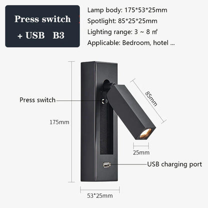 DecorBites™ Black Brass Wall Sconce with USB Port and Switch, 3W Spotlight for Bedroom