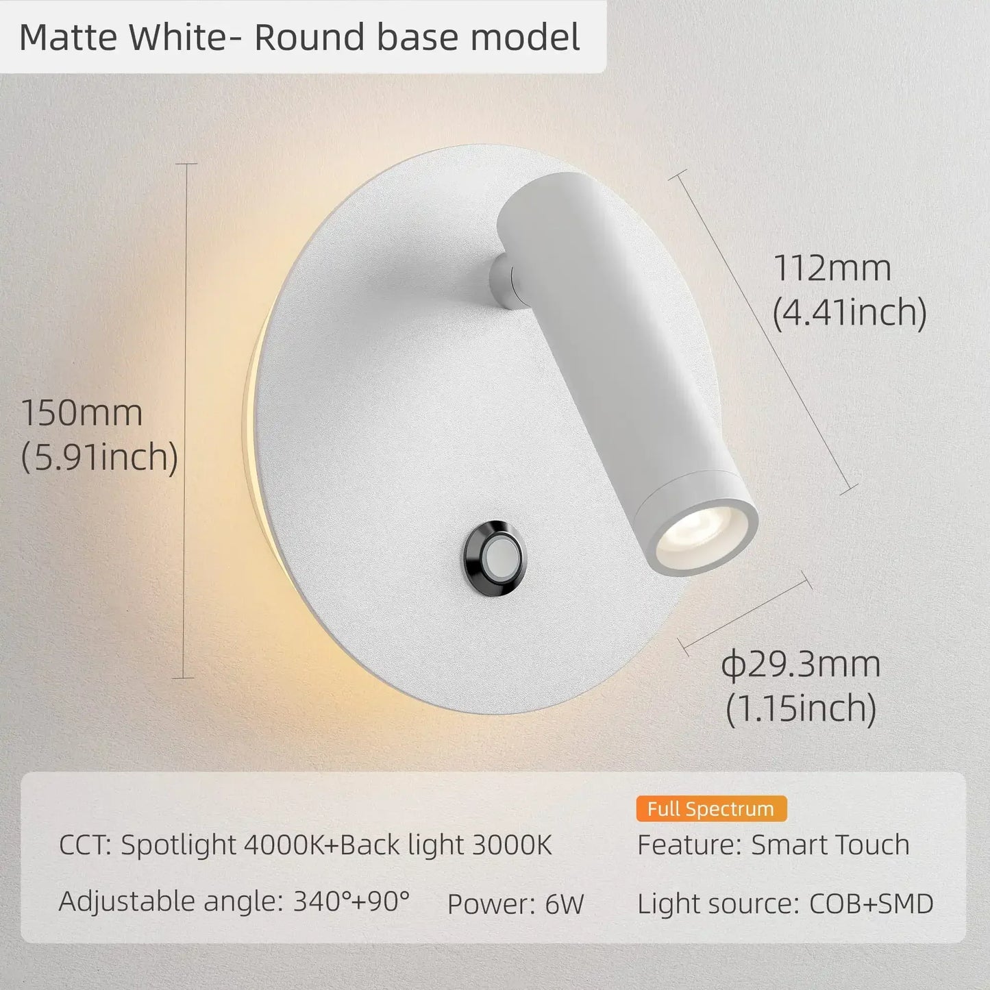 Decorbites™ Dimmbare LED-Wandleuchte mit Touch-Schalter, 340° drehbarer Hintergrundbeleuchtung für Nachttisch & Studierzimmer
