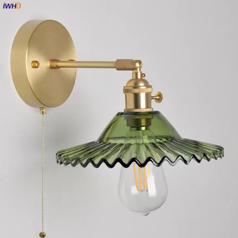 Decorbites™ Grüne Glas-LED-Wandleuchten mit Zugschalter - Vintage-Kupfer-Wandleuchte