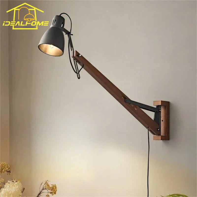 DecorBites™ LED Long Pole Swing Arm Wall Lamp, Solid Wood, Adjustable, Industrial Designer