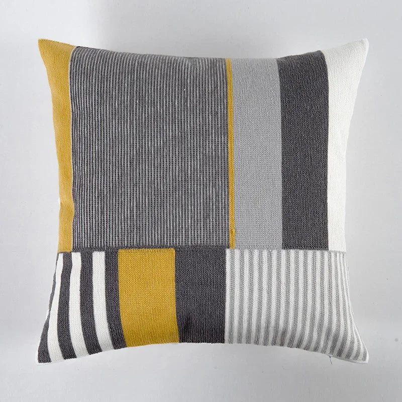 DecorBites™ Geometric Canvas Cotton Cushion Cover - Yellow Grey/White Embroidery Square Pillow Cover