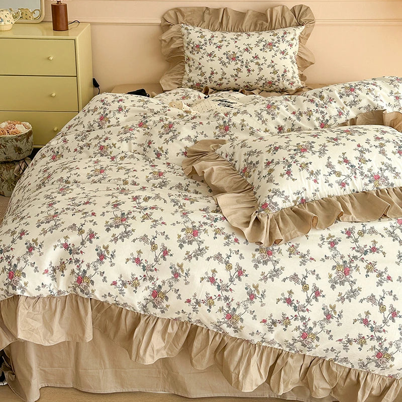 Decorbites™ Französisches Blumen-Motiv Baumwoll-Bettwäsche-Set mit großen Spitzenvolants, Frische Blumen